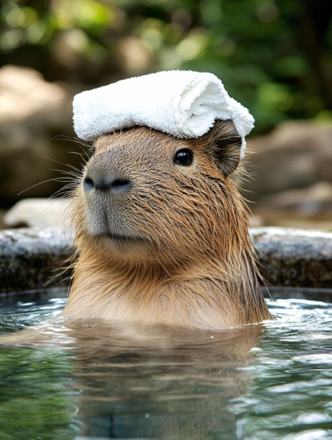 Capybara Cub Relaxing in Hot Spring with Towel