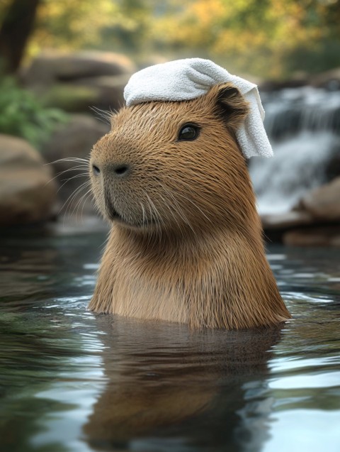 Capybara Relaxing in Hot Spring with Towel