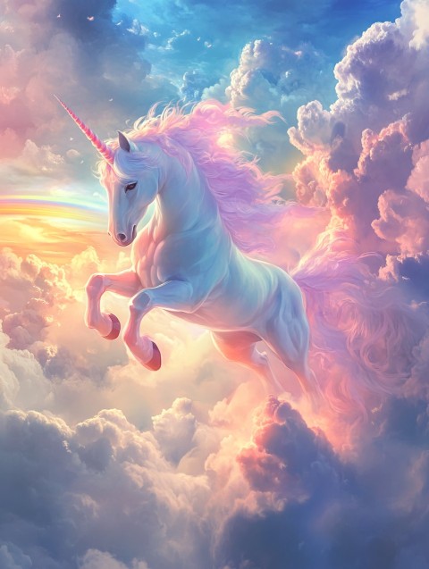 Dreamy Unicorn with Rainbow in Fluffy Clouds