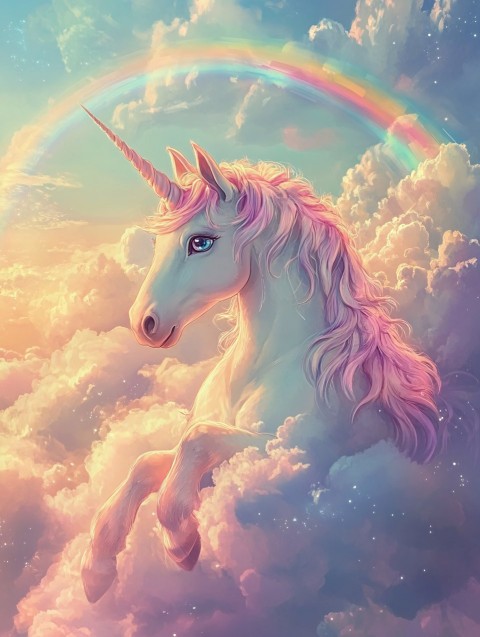 Dreamy Unicorn in Clouds with Rainbow Illustration