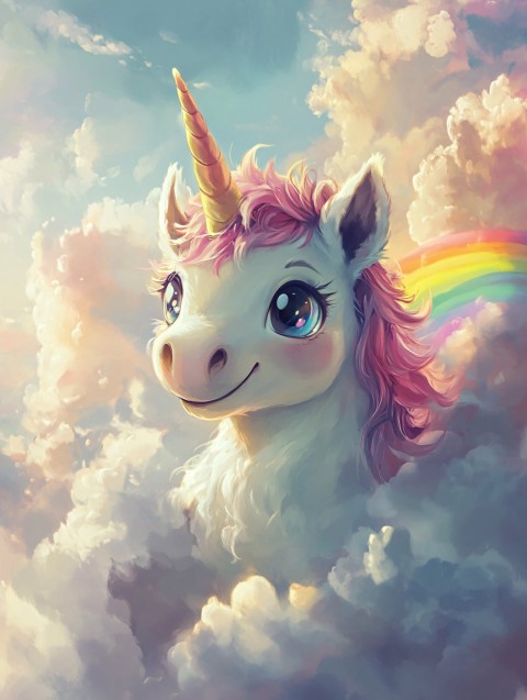 Dreamy Unicorn in Clouds with Rainbow Illustration