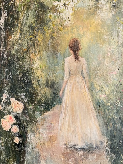 Elizabeth Bennet Walking to Pemberley in Rose Garden