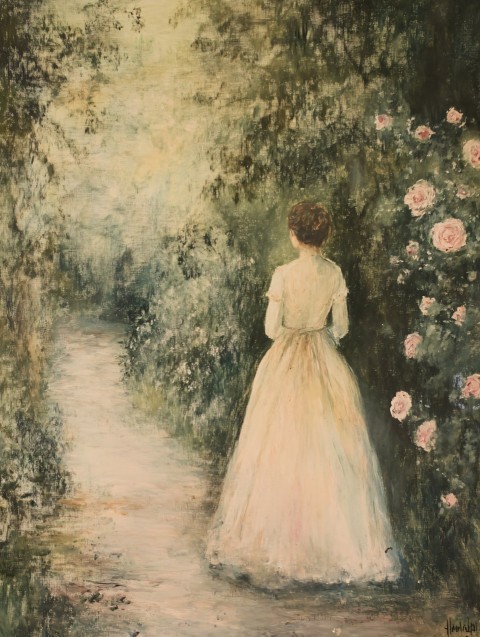 Elizabeth Bennet Walking in Rose Garden at Pemberley