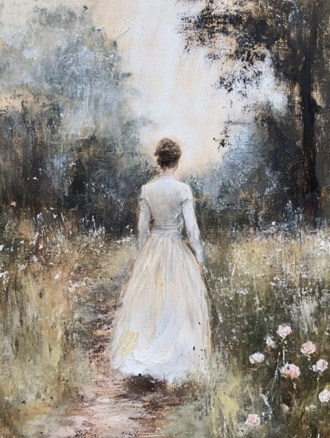 Woman Walking in Pemberley Rose Garden Painting