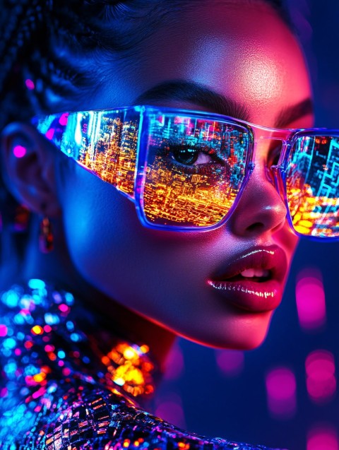 Cyberpunk Portrait of Woman with Neon Tattoos and Glasses