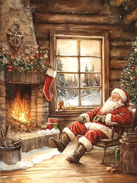 Santa Resting in Cozy Cabin by Fireplace