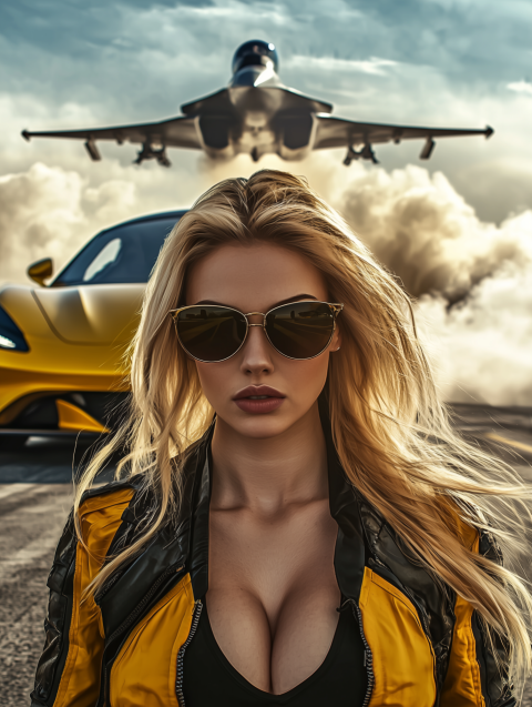 Powerful Speed: Woman, Sports Car, and Fighter Jet in Action