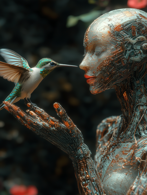 Harmony of Nature and Technology - Hummingbird and Cyborg