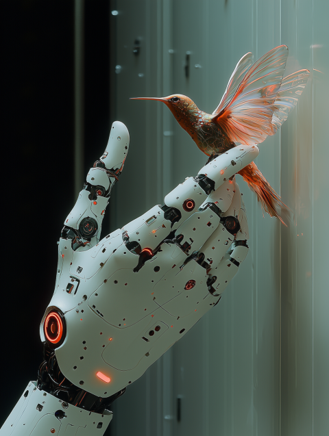 Futuristic Robot Hand Holding a Hummingbird