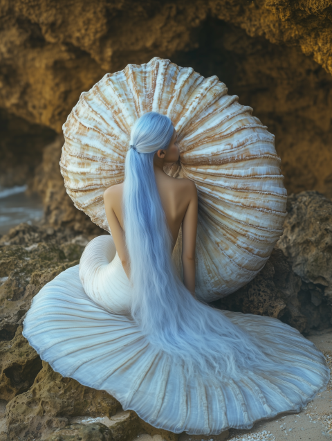 Seashell Maiden Mystical Mermaid with Seashell by the Shore