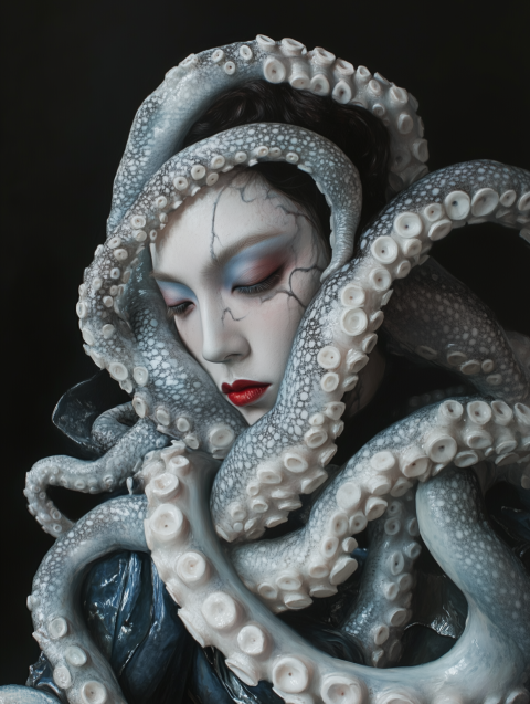 Surreal Woman with Octopus Tentacles in Artistic Composition