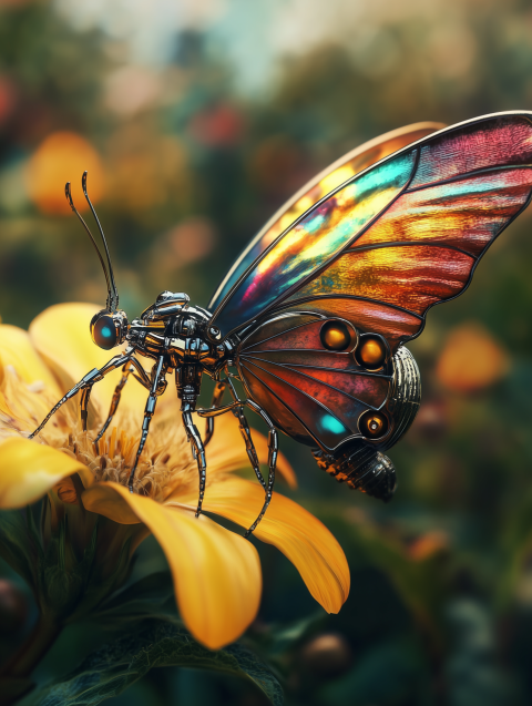 Close-up of a mechanical butterfly on a yellow flower in a garden