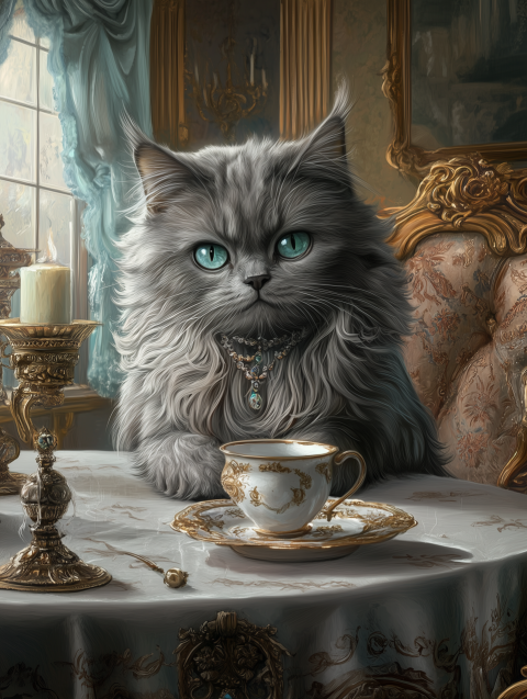 Elegant Persian Cat in Luxurious Setting with Tea