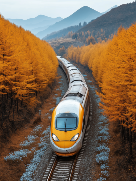 Modern High-Speed Train in Autumn Landscape