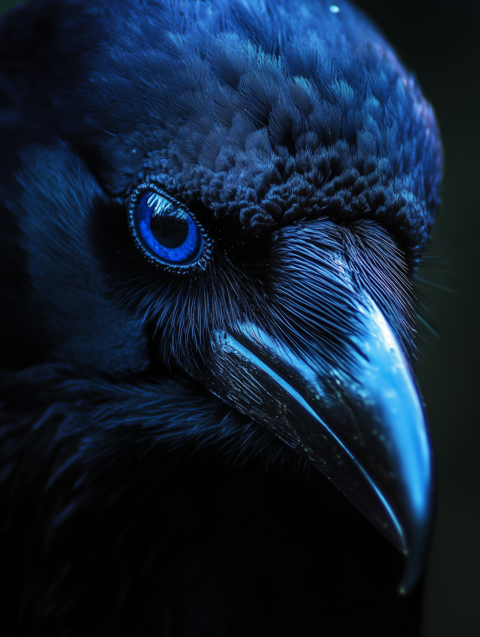 Close-up of a raven with intense blue eye in dramatic lighting