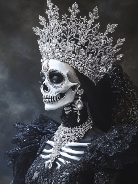 Skeleton Queen on Diamond Throne in Gothic Black Lace