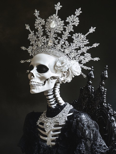 Skeleton Queen with Diamond Crown on Gothic Throne