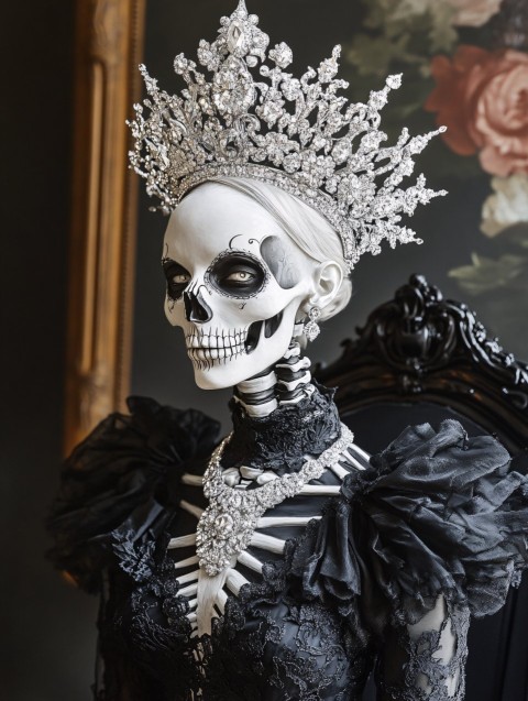 Skeleton Queen in Diamond Crown on Gothic Throne