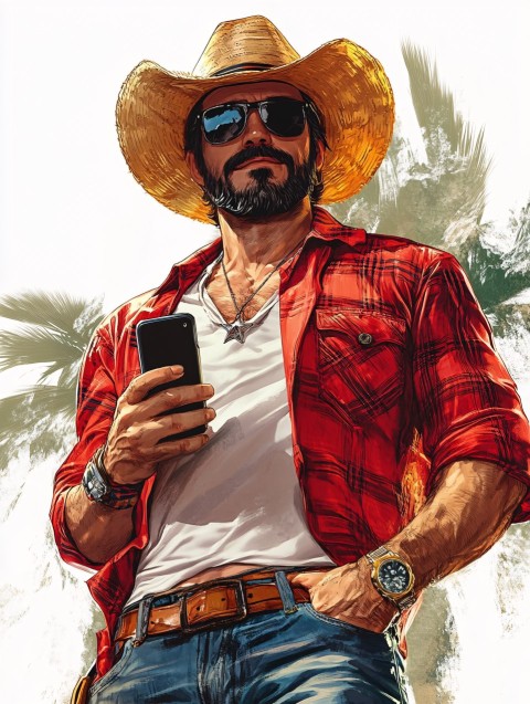 Mexican Man Holding Phone in GTA 5 Comic Style Art