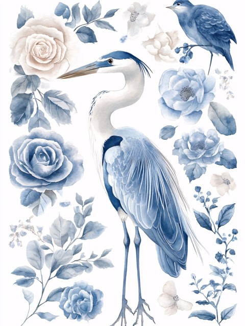 Blue Heron and Roses Sticker Sheet in Pastel Watercolor