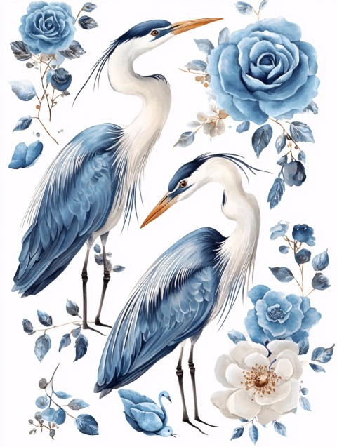 Blue Heron and Roses Sticker Sheet in Watercolor Style