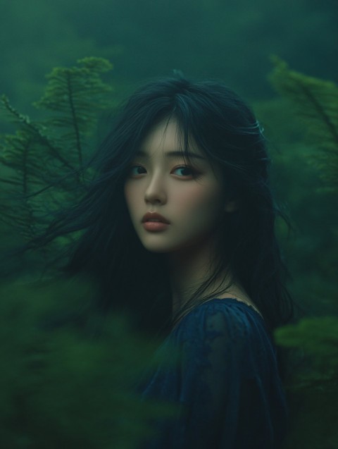 Moody Editorial Portrait of Asian Model in Forest Backdrop