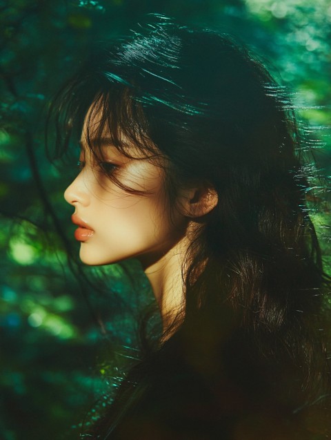 Moody Portrait of Asian Model with Forest Backdrop