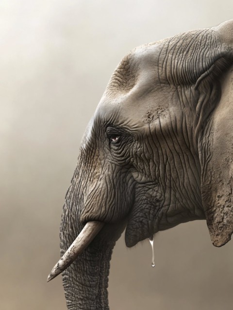 Elephant with Tear in Surreal Foggy Background