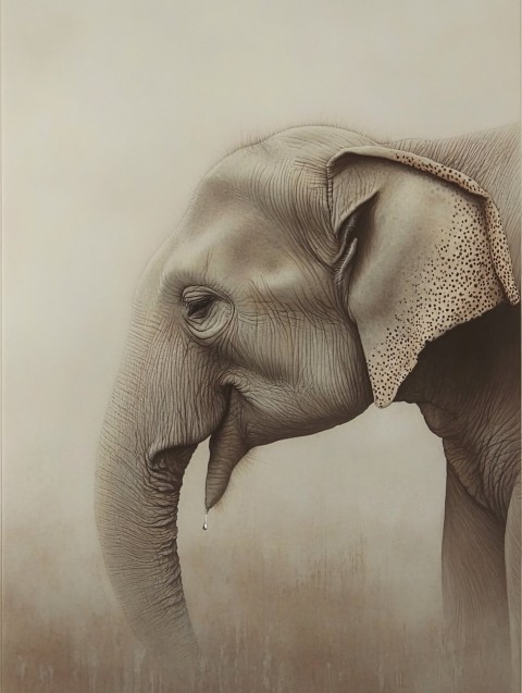 Crying Elephant in Foggy Surreal Landscape