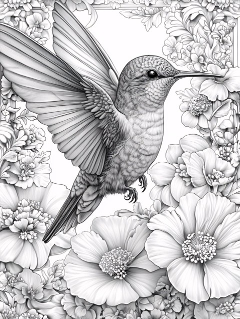 Hummingbird Drinking Nectar from Trumpet Flower Coloring Page