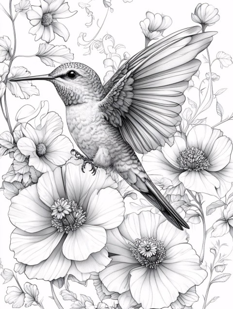 Hummingbird and Trumpet Flower Intricate Coloring Page