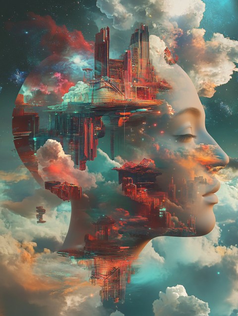 Surreal Head Transforming into Abstract Floating Landscape