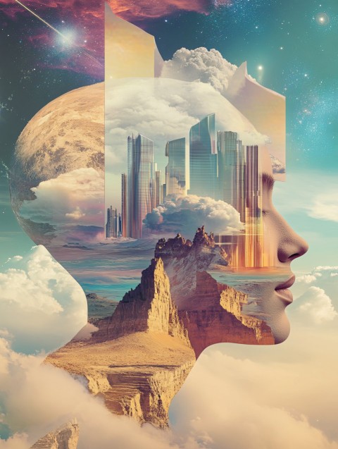 Surreal Head Transforming into Dreamlike Abstract Landscape