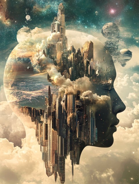 Surreal Digital Artwork of Head Transforming into Abstract Landscape