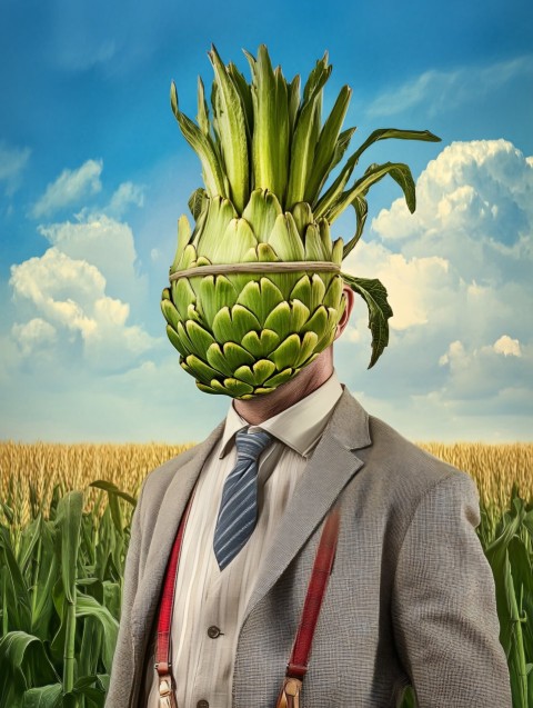 Man with Artichoke Head in Crop Field