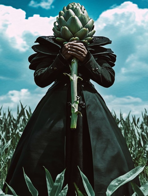 Man with Artichoke Head in Crop Field Portrait