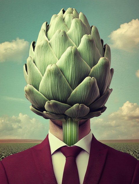 Artichoke-Headed Man Portrait in Crop Field