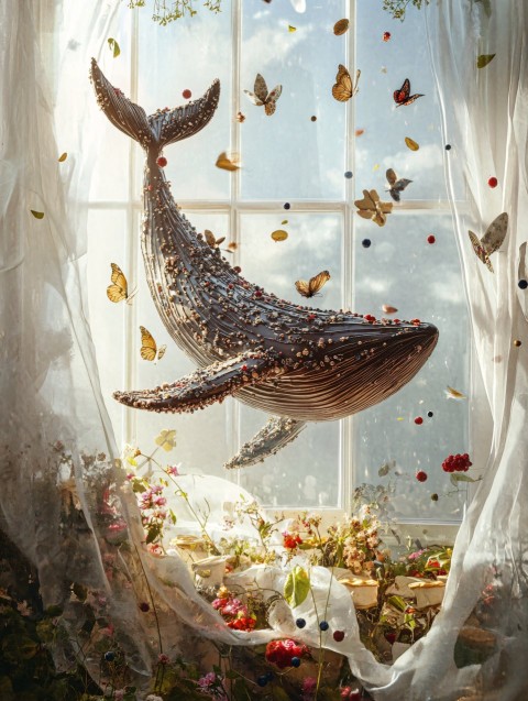 Surreal Chocolate Whale Floating in Bright Spring Sky