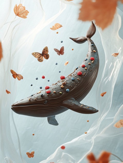 Surreal Floating Chocolate Whale with Spring Fruits and Flowers