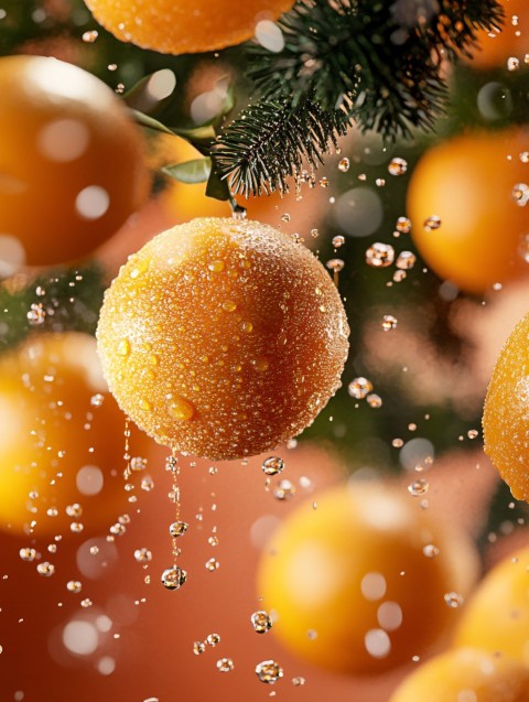 Oranges Floating Against Bright Orange Background with Water Droplets