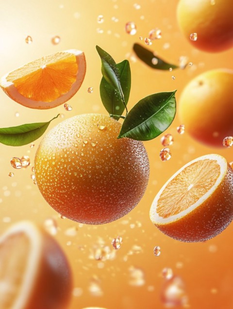 Floating Oranges Against Bright Orange Background with Water Droplets