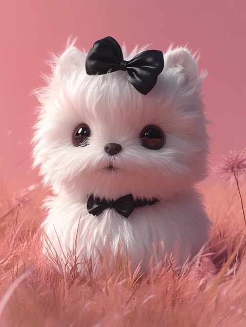 Fluffy White Teacup Dog in Pink Background Illustration