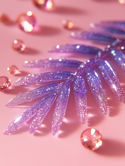 Iridescent Palm Leaf with Crystals on Pink Background