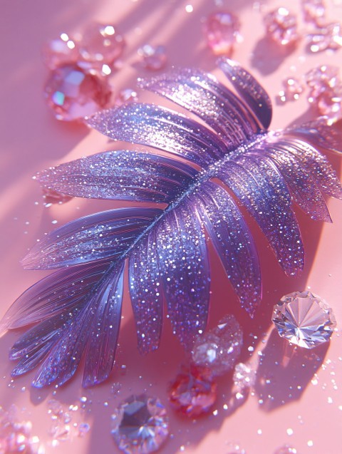 Iridescent Palm Leaf Close-Up with Crystals on Pink