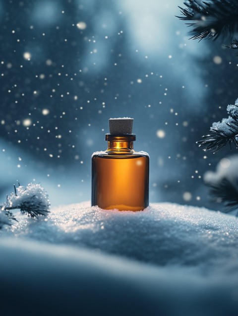 Elegant Product Bottle in Snow with Cinematic Lighting