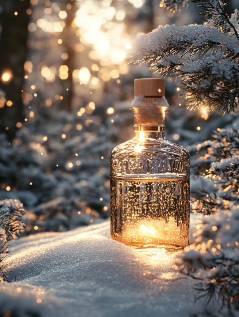 Elegant Product Bottle in Snow with Raw Cinematic Lighting