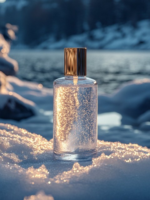 Elegant Product Bottle in Snow with Cinematic Lighting