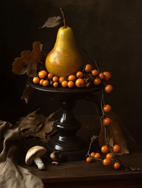 Golden Pear and Sea Buckthorn on Dark Pedestal