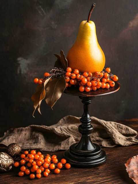 Golden Pear, Sea Buckthorn Berries on Wooden Pedestal