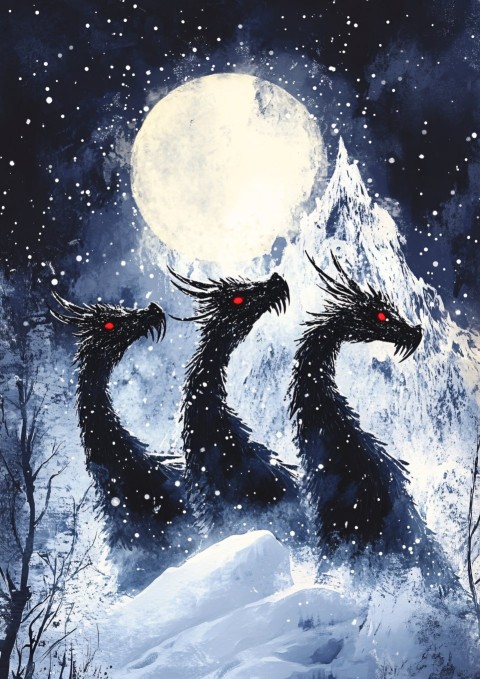 Three-Headed Black Dragon in Snow with Moonlight